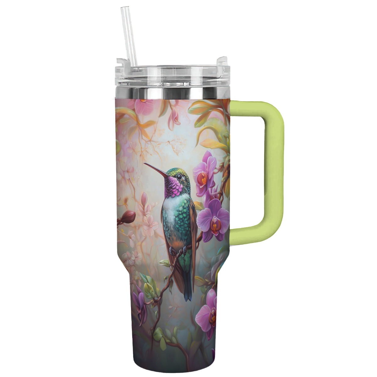 Glänzender Becher mit Orchideenkolibri