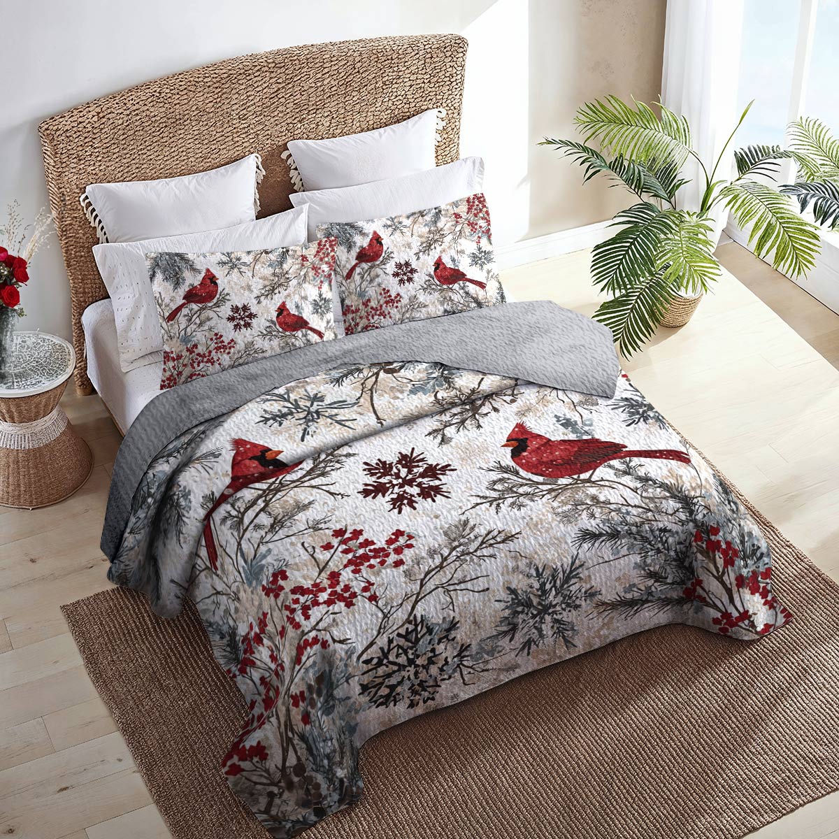 Shineful All Season Quilt 3-Piece Set Charming Winter Flowers Cardinals