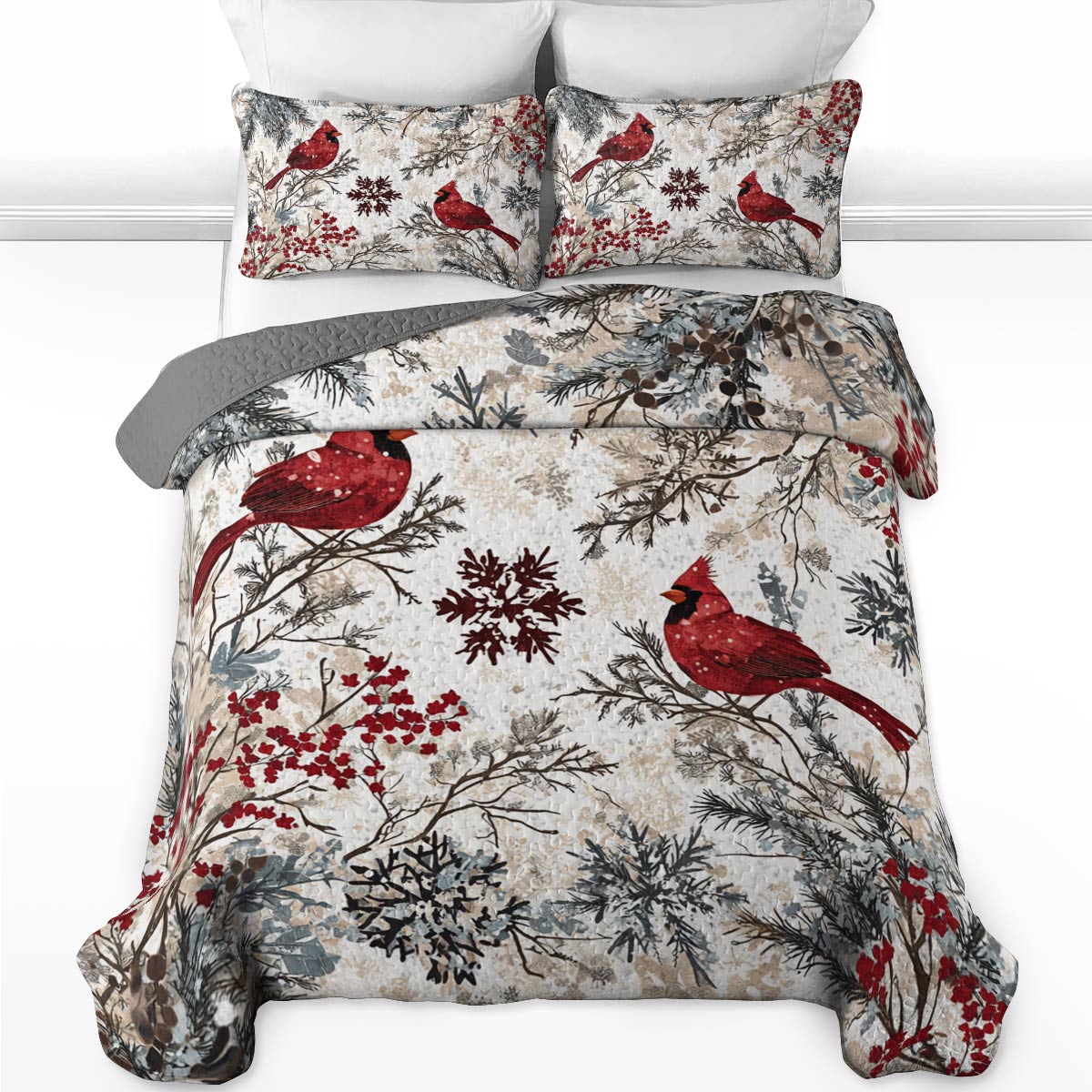 Shineful All Season Quilt 3-Piece Set Charming Winter Flowers Cardinals