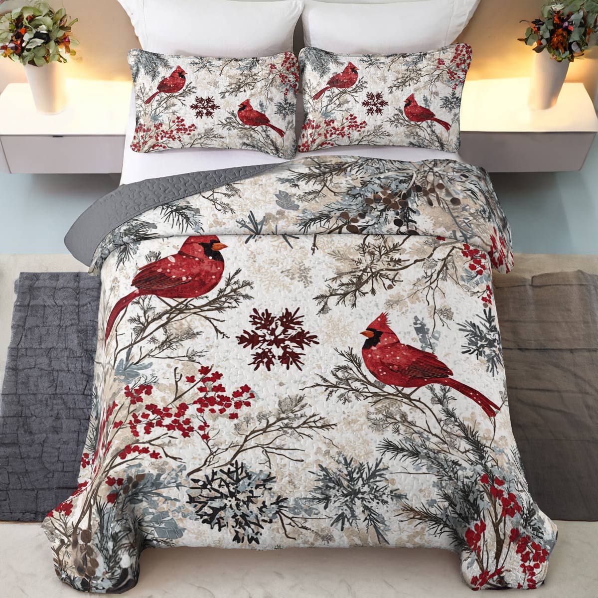 Shineful All Season Quilt 3-Piece Set Charming Winter Flowers Cardinals