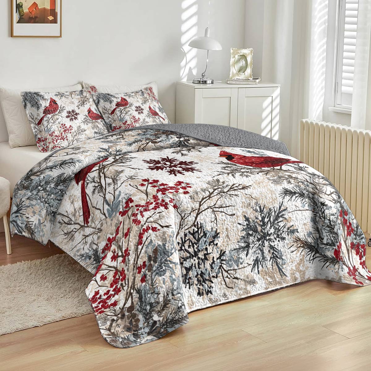 Shineful All Season Quilt 3-Piece Set Charming Winter Flowers Cardinals