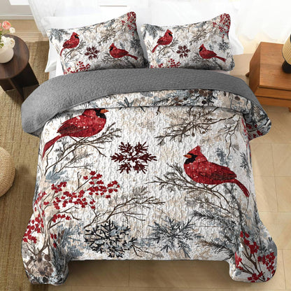 Shineful All Season Quilt 3-Piece Set Charming Winter Flowers Cardinals