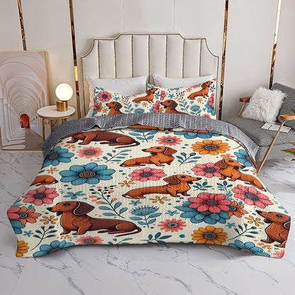 Shineful All Season Quilt 3-Piece Set Floral Dachshund Delight