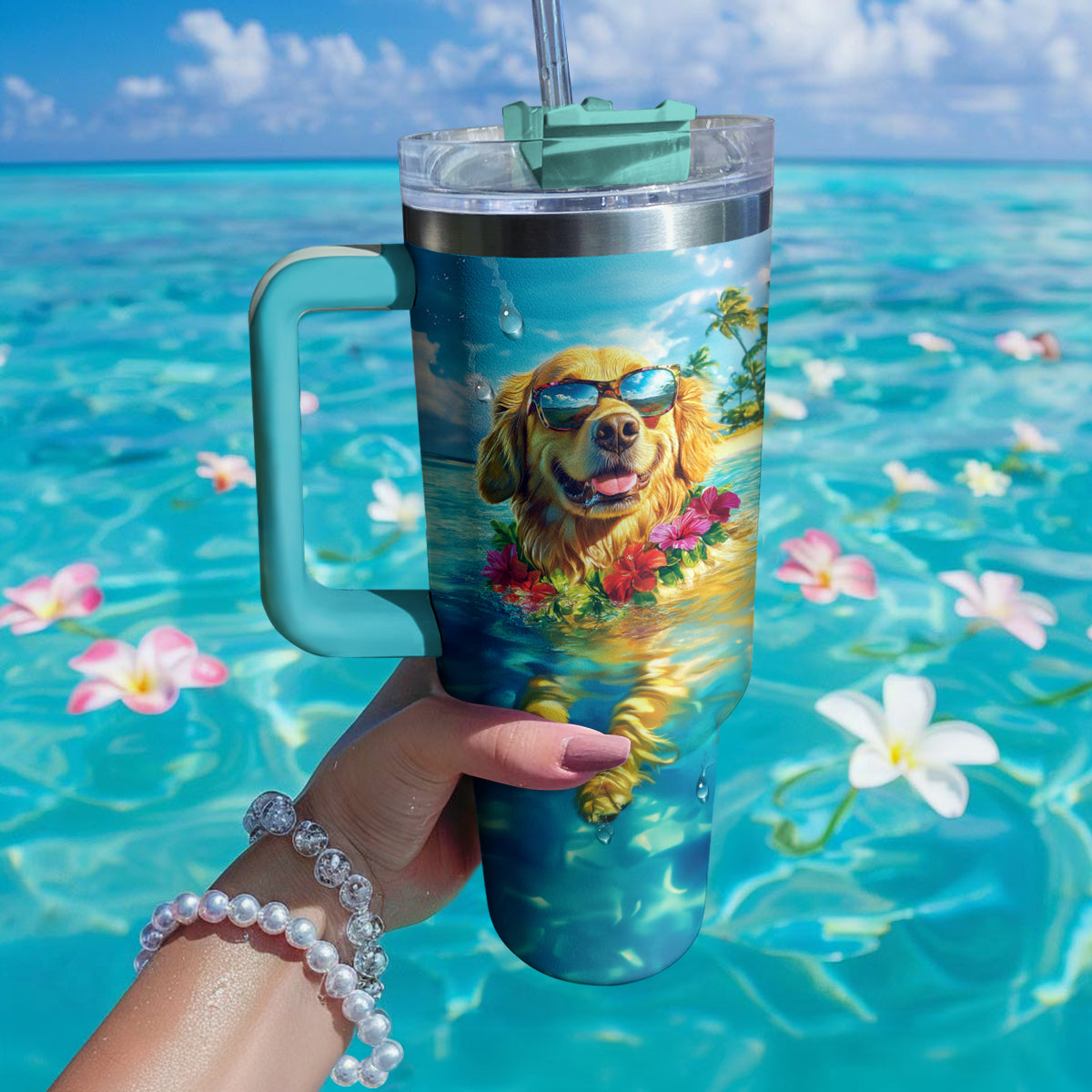 Glänzender Becher Tropical Vibes Golden Retriever