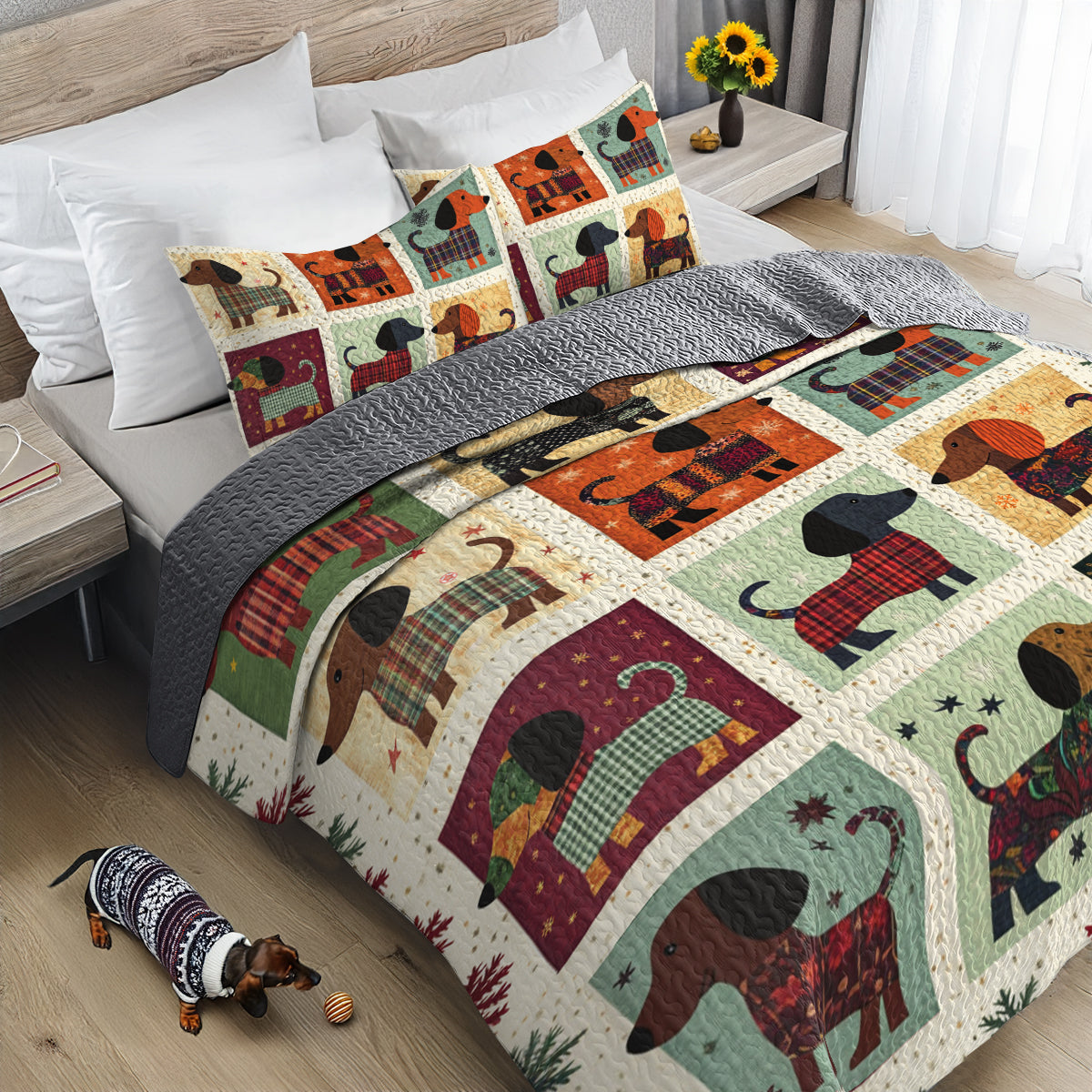 Shineful All Season Quilt 3-Piece Set Patchwork Dachshund