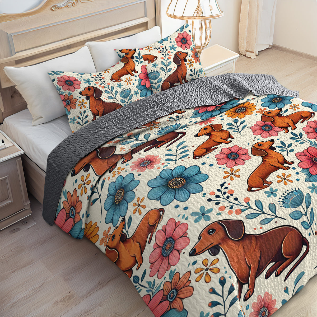 Shineful All Season Quilt 3-Piece Set Floral Dachshund Delight