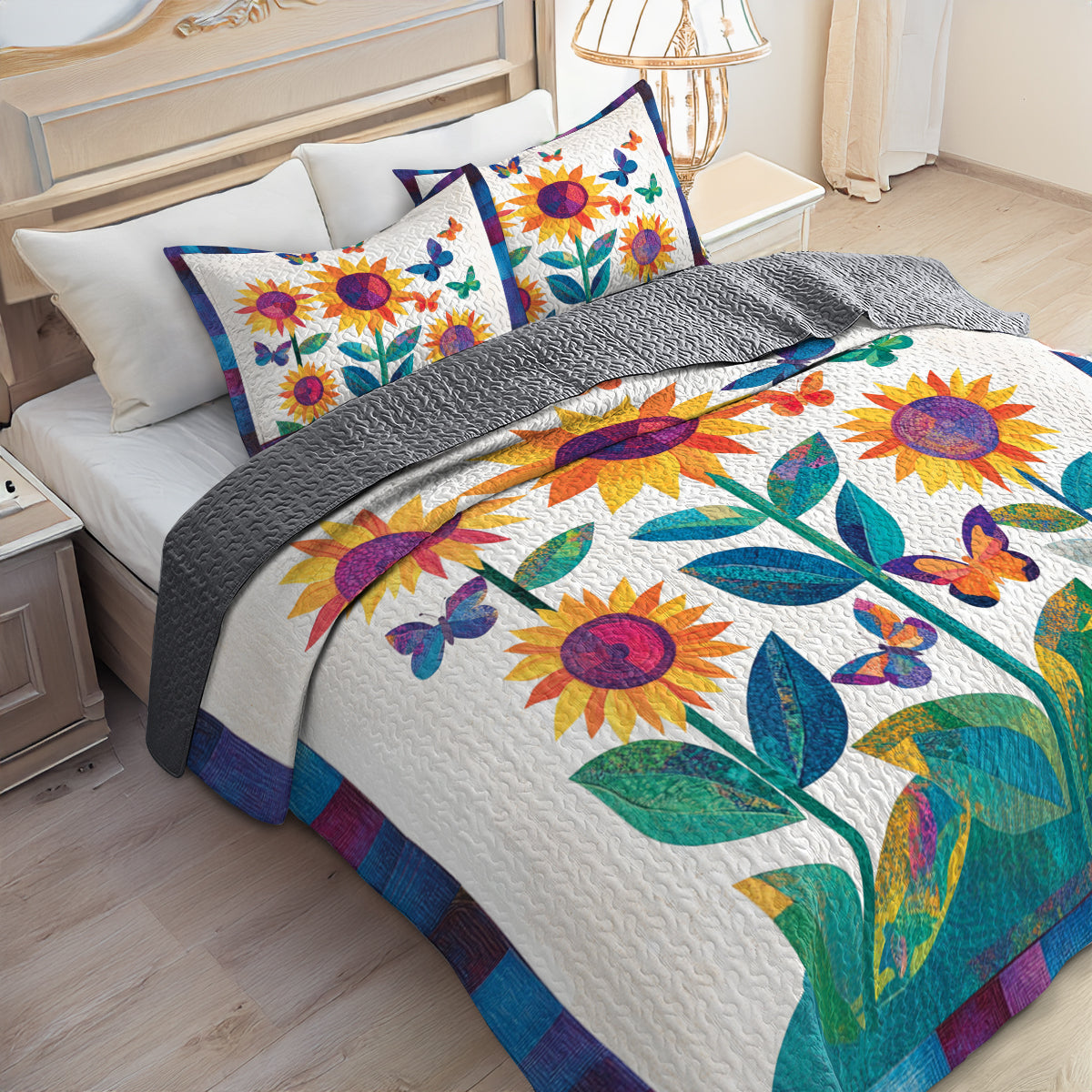 Shineful All Season Quilt 3-Piece Set Sunflower Butterfly Dream