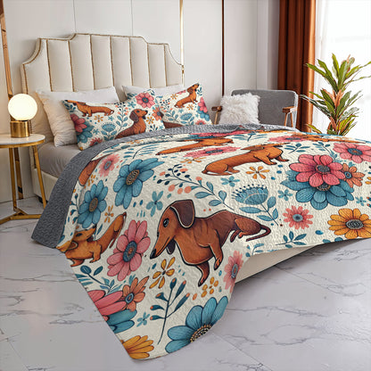 Shineful All Season Quilt 3-Piece Set Floral Dachshund Delight