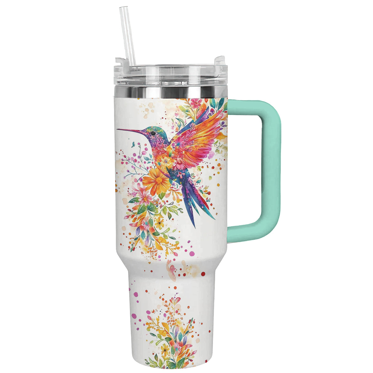 Glänzender Becher mit Kolibri und Blumenmotiv