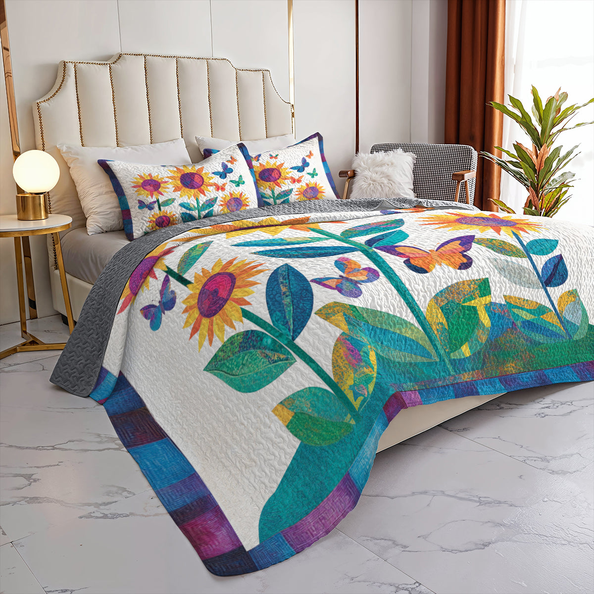 Shineful All Season Quilt 3-Piece Set Sunflower Butterfly Dream