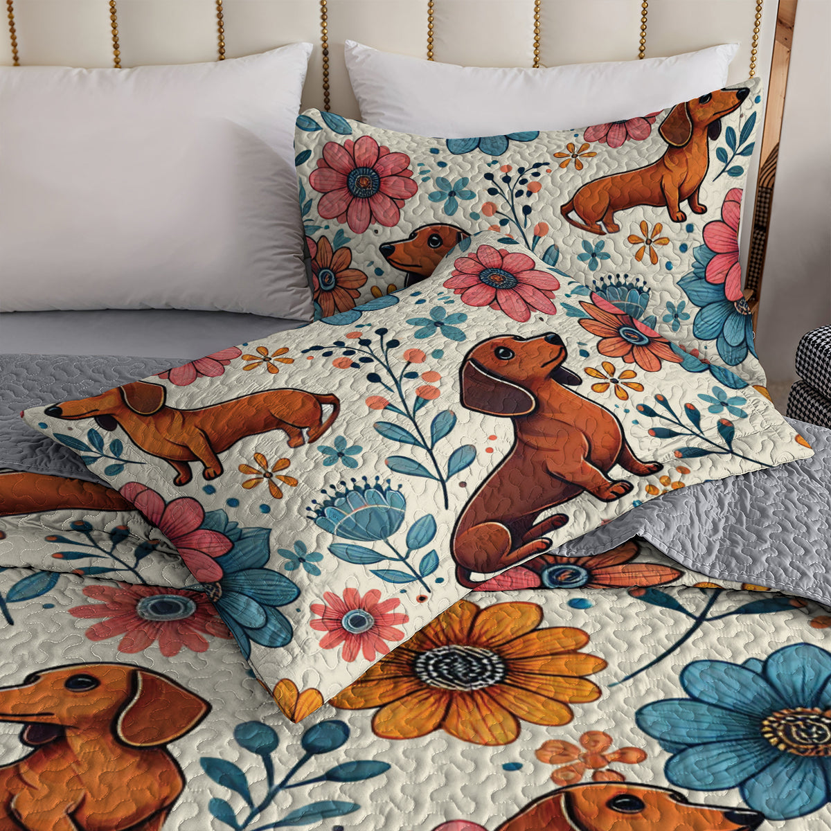 Shineful All Season Quilt 3-teiliges Set mit Blumenmuster und Dackel-Delight