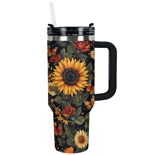 Glänzender Becher mit Sonnenblume und Schmetterlingsmotiv