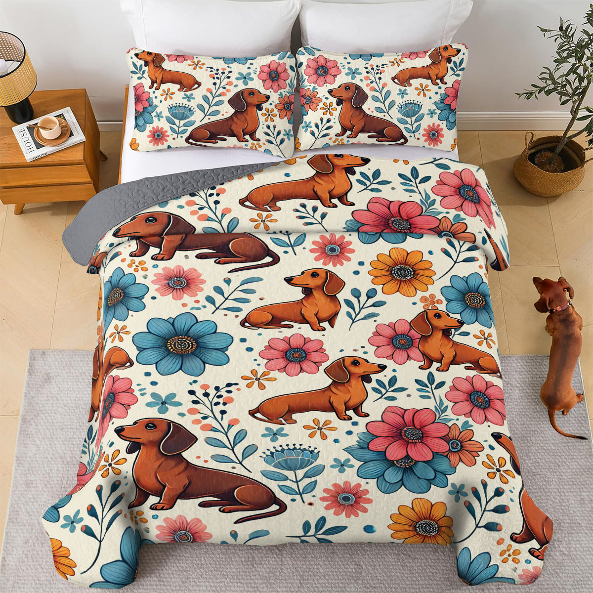 Shineful All Season Quilt 3-Piece Set Floral Dachshund Delight