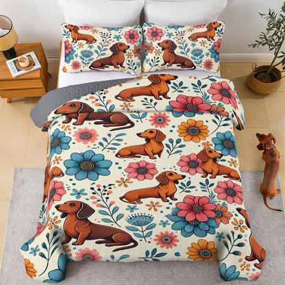 Shineful All Season Quilt 3-Piece Set Floral Dachshund Delight