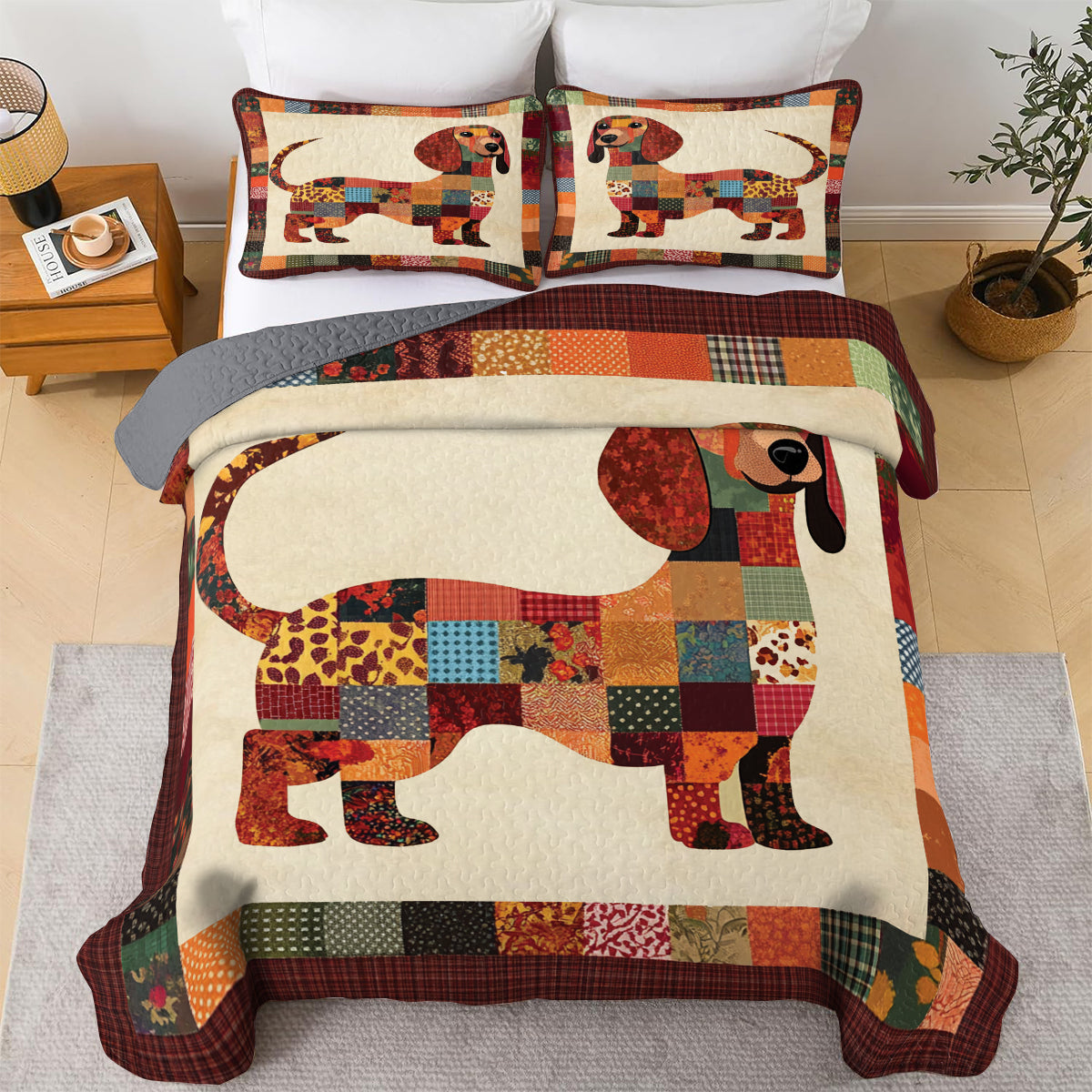 Shineful All Season Quilt 3-Piece Set Dachshund Patchwork