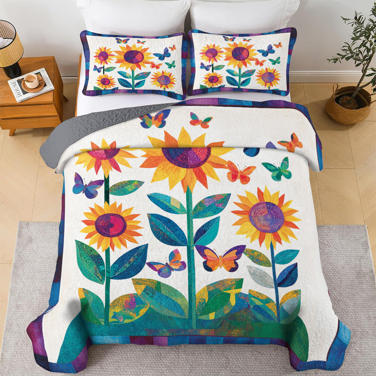 Shineful All Season Quilt 3-Piece Set Sunflower Butterfly Dream