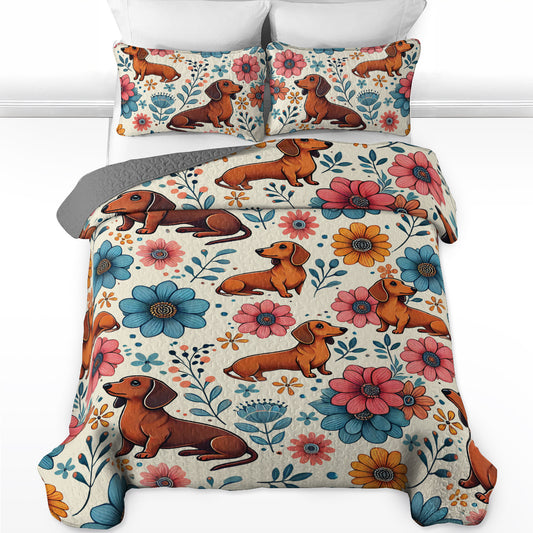 Shineful All Season Quilt 3-Piece Set Floral Dachshund Delight