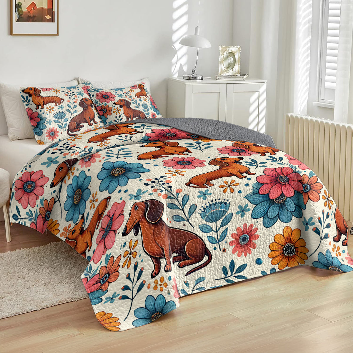 Shineful All Season Quilt 3-Piece Set Floral Dachshund Delight