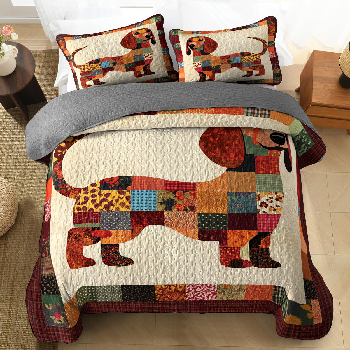 Shineful All Season Quilt 3-Piece Set Dachshund Patchwork