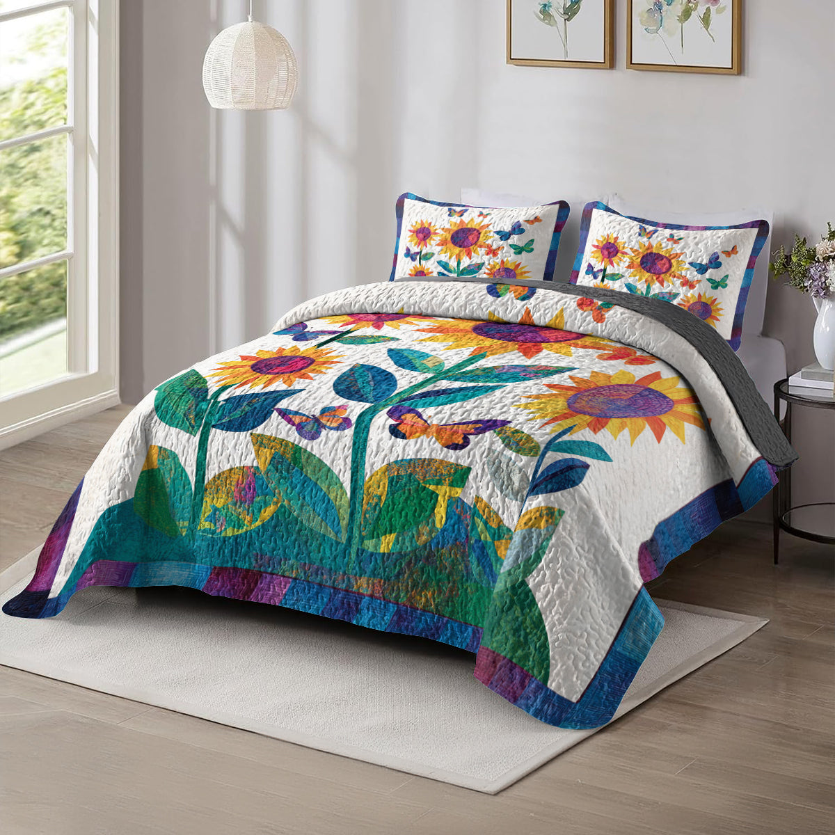 Shineful All Season Quilt 3-Piece Set Sunflower Butterfly Dream