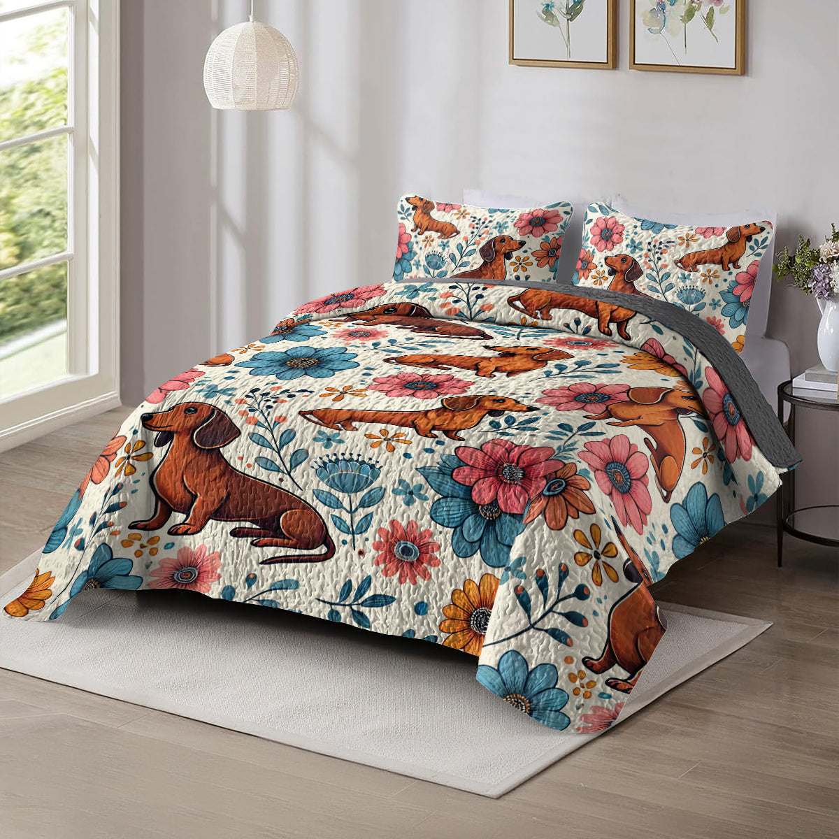 Shineful All Season Quilt 3-Piece Set Floral Dachshund Delight