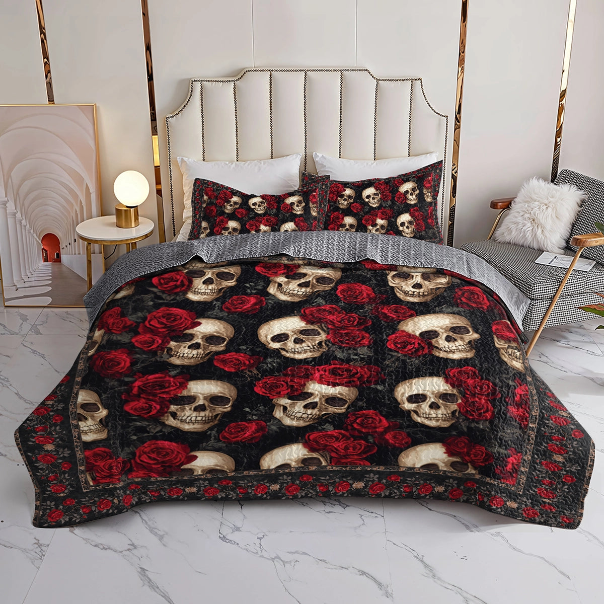 Shineful All Season Quilt 3-Piece Set - The Elegance Of Skulls