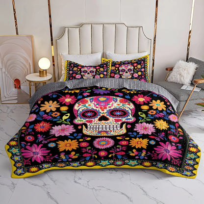 Shineful All Season Quilt 3-Piece Set - Vibrant Skull Floral