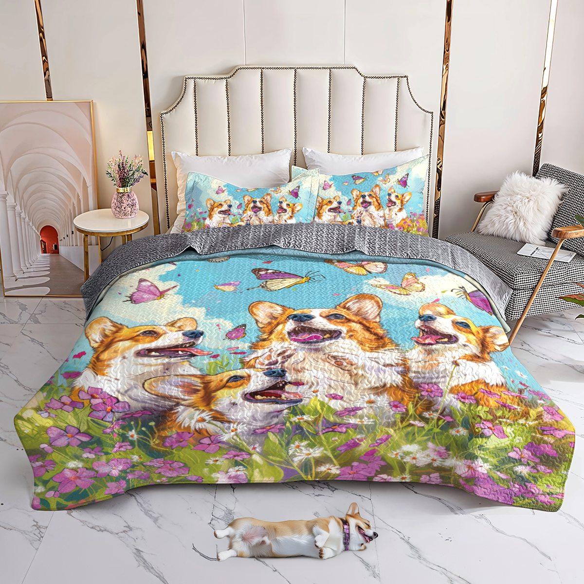 Shineful All Season Quilt 3-Piece Set Butterfly Corgi Joy