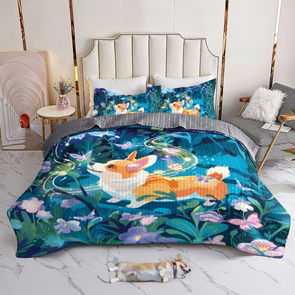 Shineful All Season Quilt 3-Piece Set Corgi Enchanted Garden