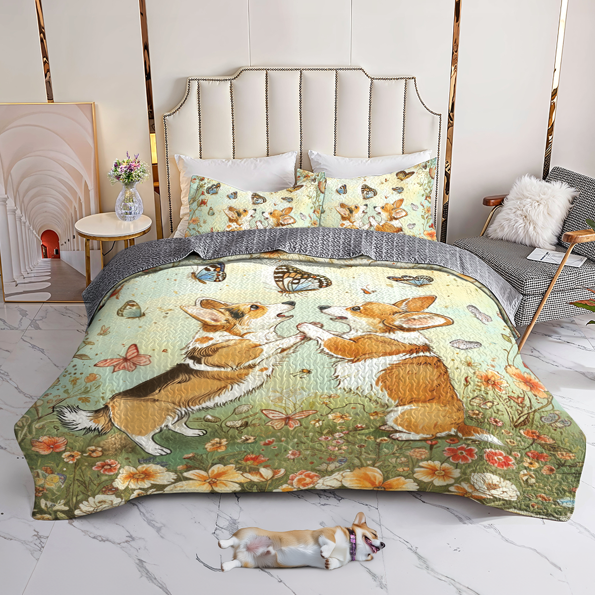 Shineful All Season Quilt 3-Piece Set Corgi Bone Buddies