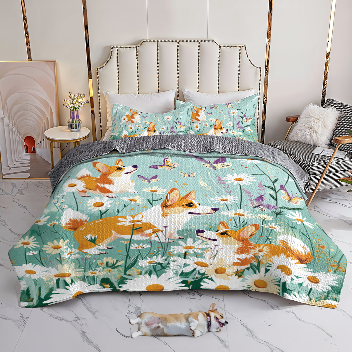 Ensemble de courtepointe toutes saisons Shineful 3 pièces Corgi Daisy Dreams