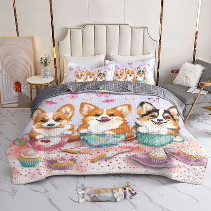 Shineful All Season Quilt 3-Piece Set Pink Tea Party Corgis