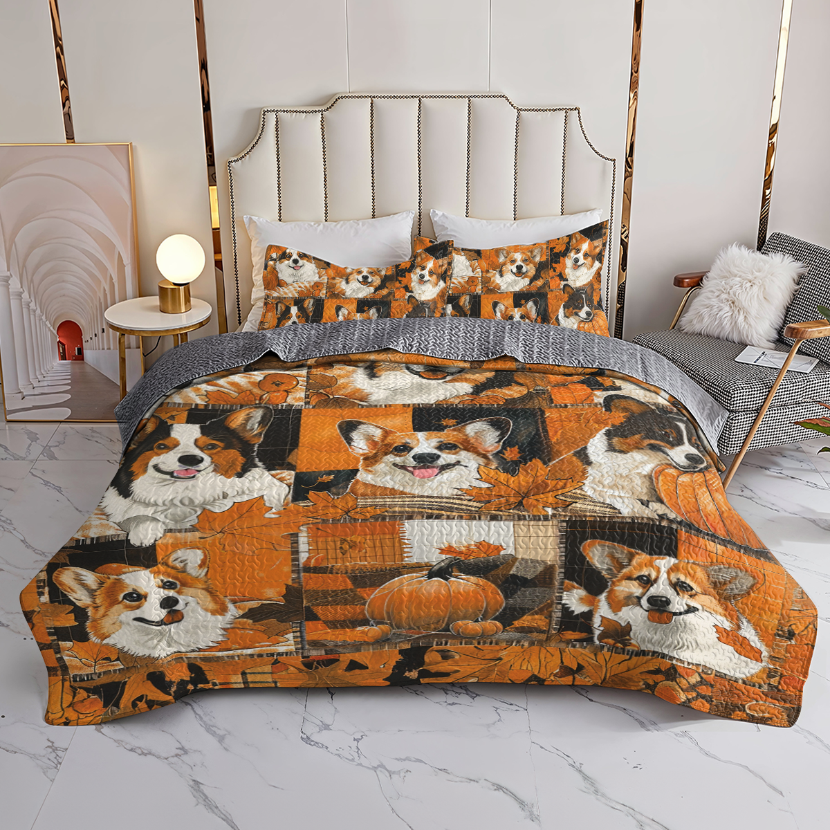 Shineful All Season Quilt 3-Piece Set Cute Corgi Autumn