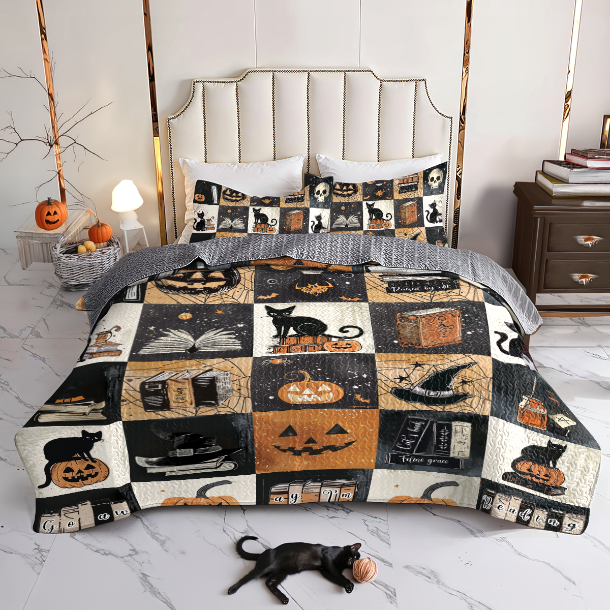 Shineful All Season Quilt 3-Piece Set Halloween Bookish Cat