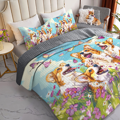 Shineful All Season Quilt 3-Piece Set Butterfly Corgi Joy