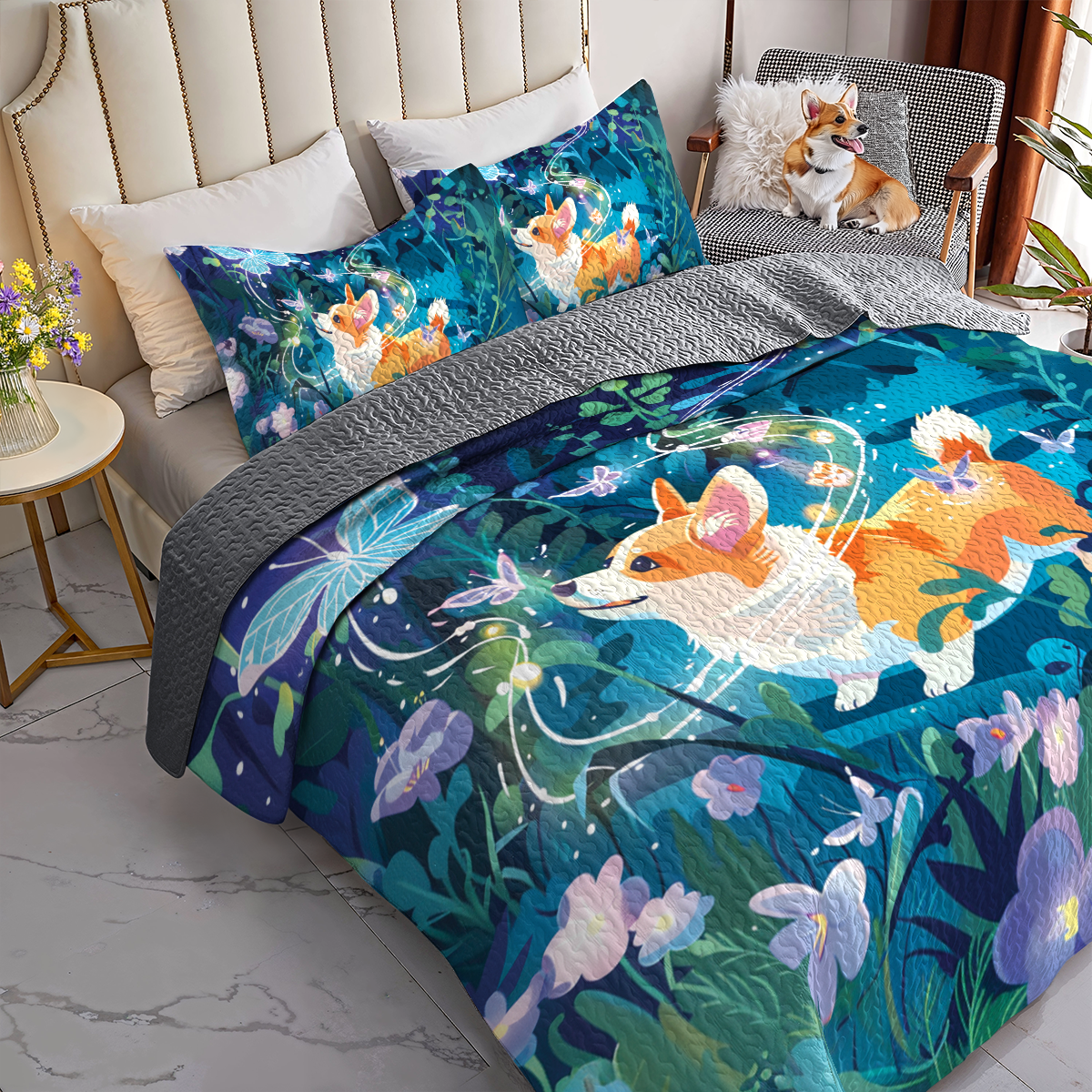 Shineful All Season Quilt 3-Piece Set Corgi Enchanted Garden