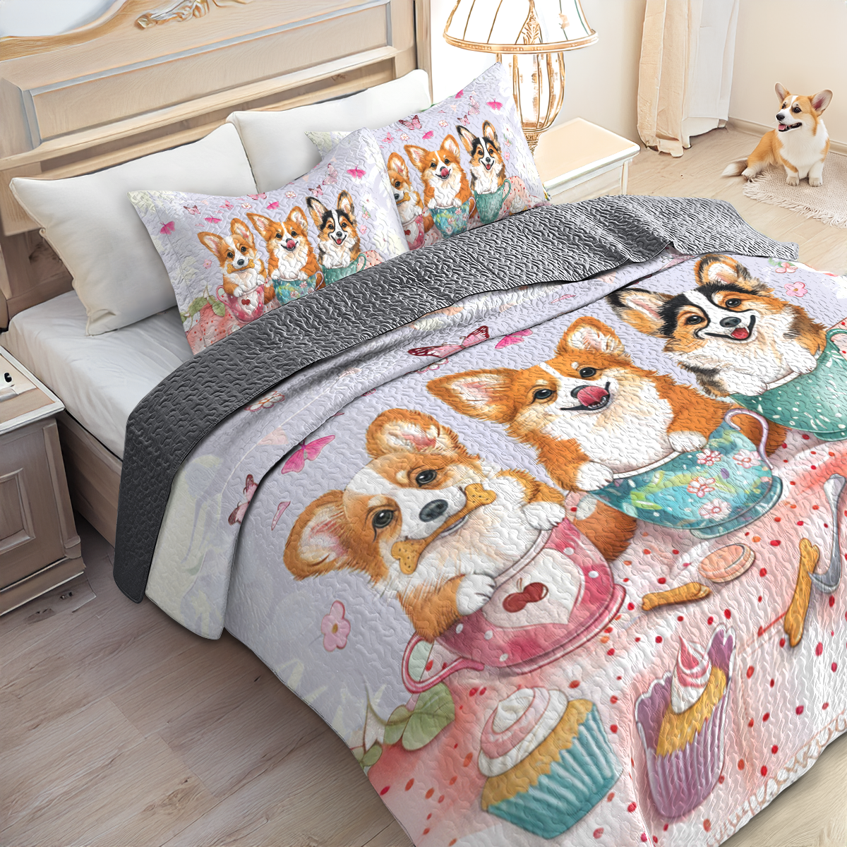 Shineful All Season Quilt 3-Piece Set Pink Tea Party Corgis