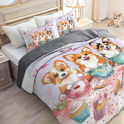 Shineful All Season Quilt 3-Piece Set Pink Tea Party Corgis