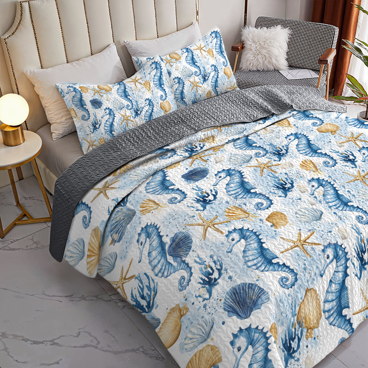 Shineful All Season Quilt 3-Piece Set - Seahorse Ocean Dream Quilt