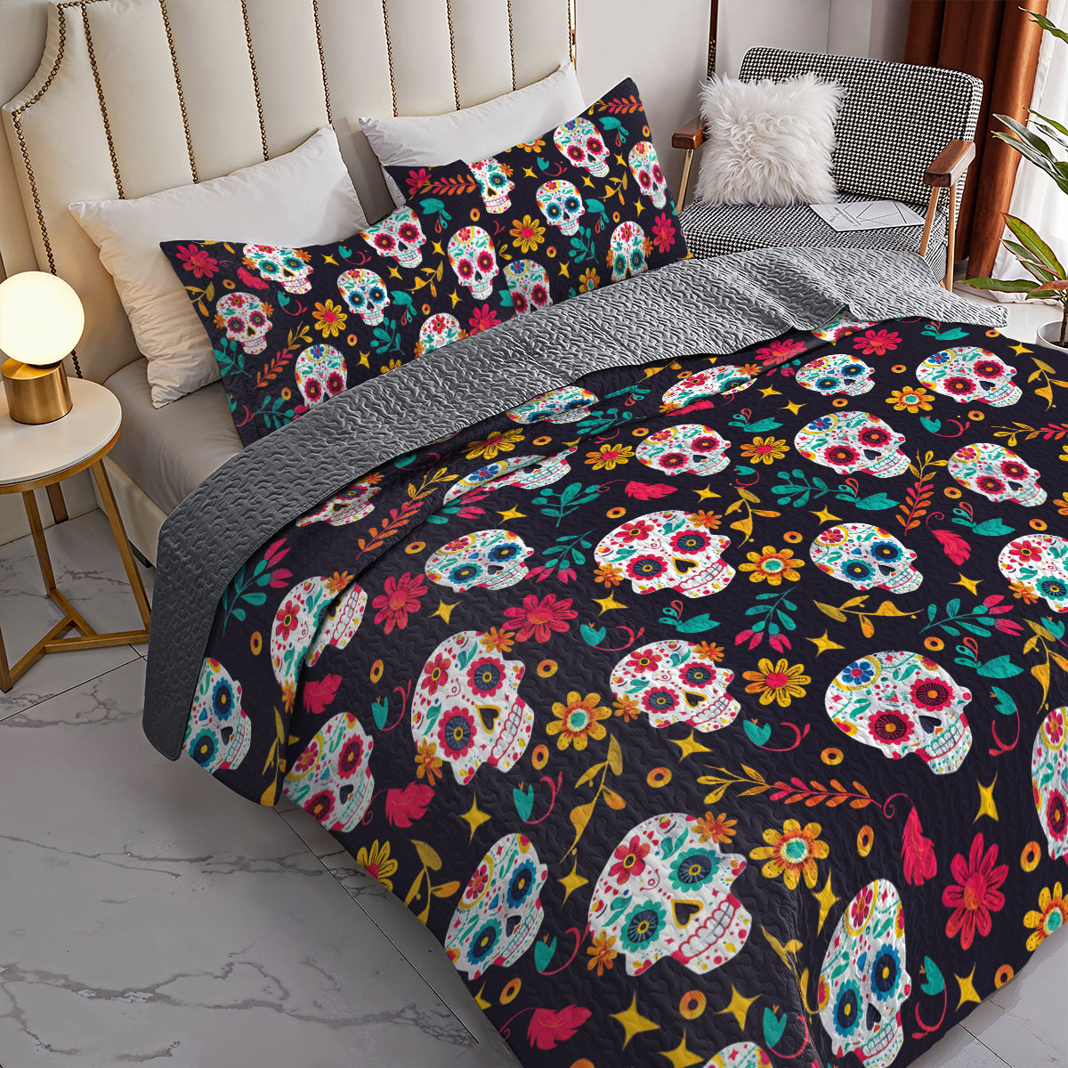 Shineful All Season Quilt 3-Piece Set Sugar Skull Garden