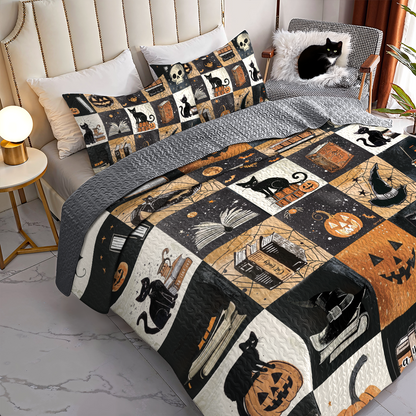 Shineful All Season Quilt 3-Piece Set Halloween Bookish Cat