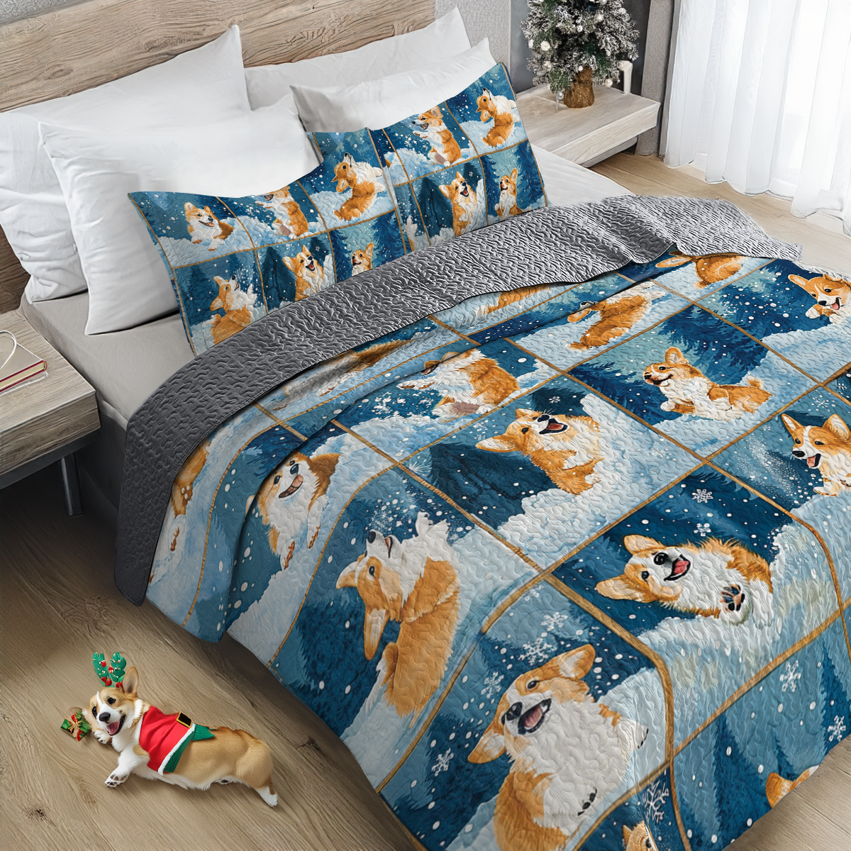 Shineful All Season Quilt 3-Piece Set Winter Corgi Joy