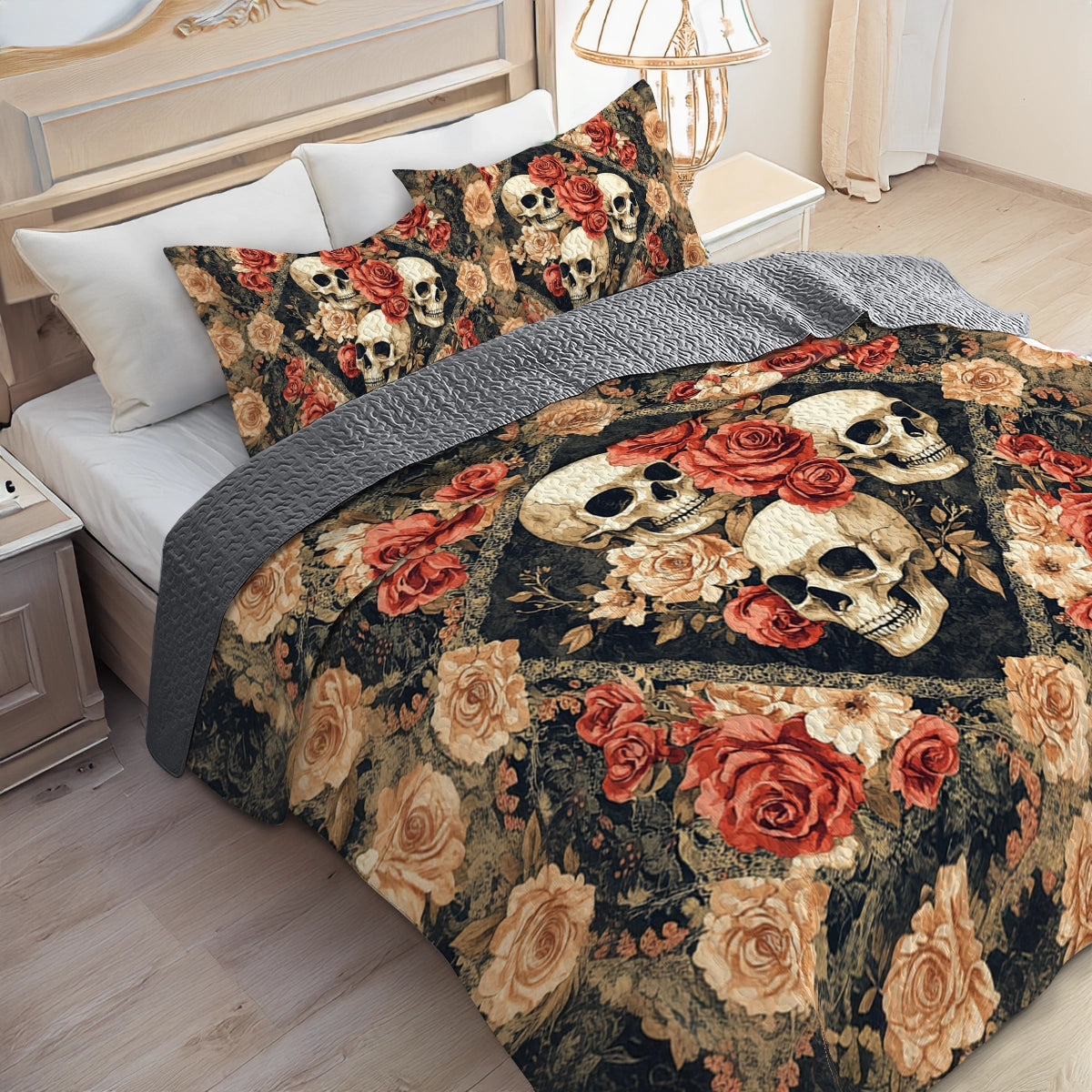 Shineful All Season Quilt 3-Piece Set Skull Dark Romance