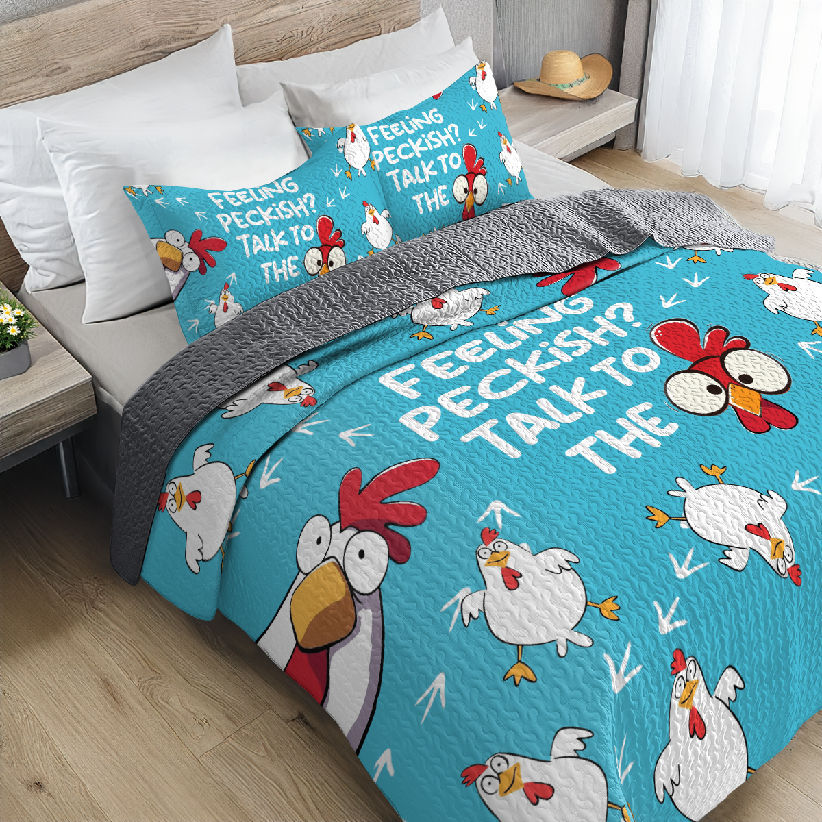 Shineful All Season Quilt 3-Piece Set Talk to the Chicken Blue