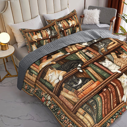 Shineful All Season Quilt 3-Piece Set Book Nook Cats Reading