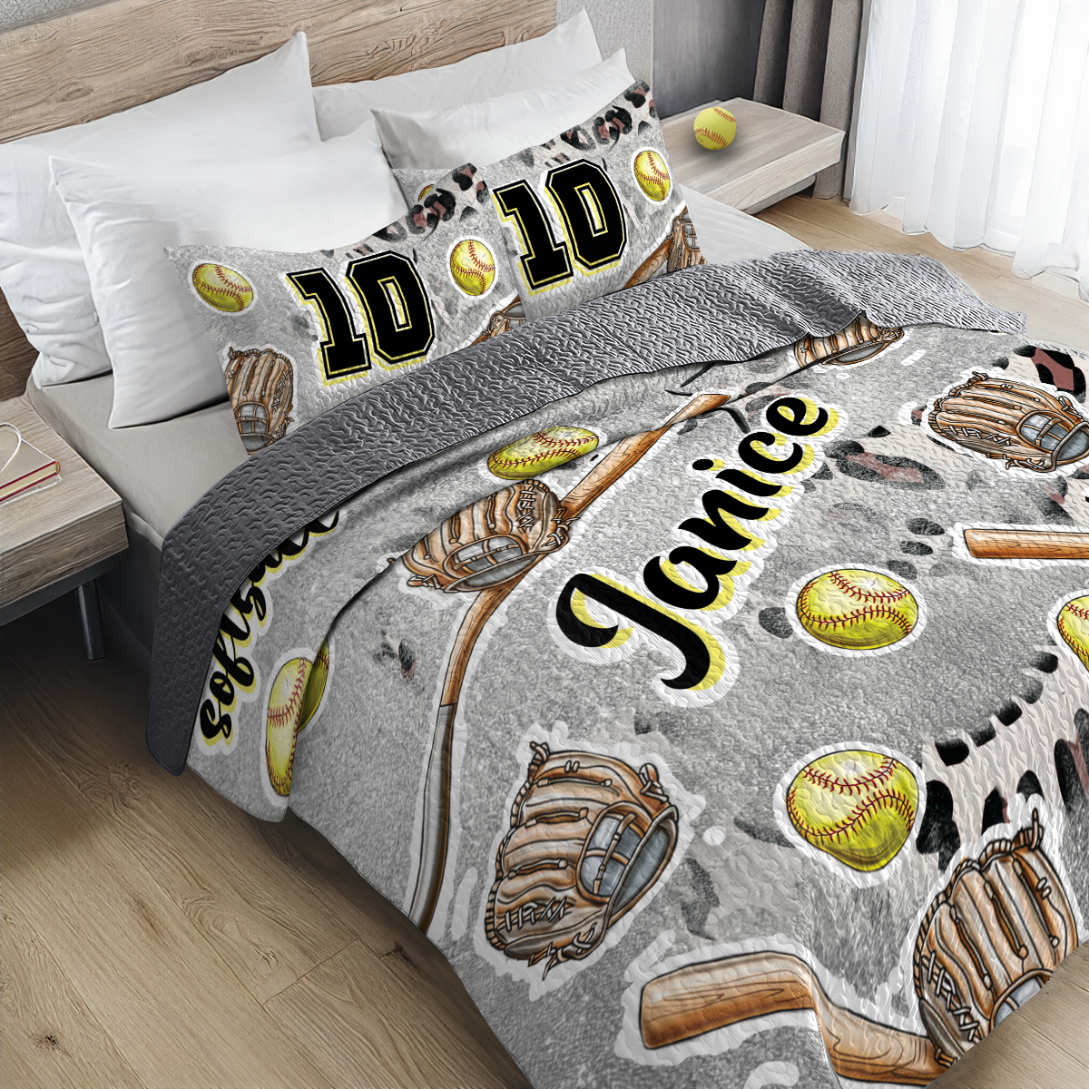 Shineful Personalisiertes All Season Quilt 3-teiliges Set All-Star Softball Love