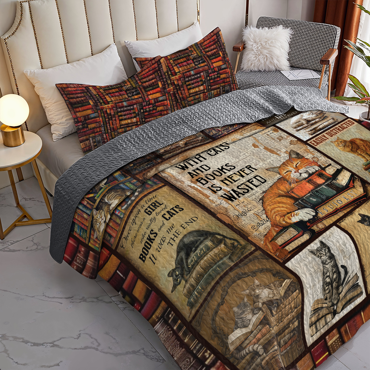 Shineful All Season Quilt 3-Piece Set Purrfectly Literary Bookish Cat