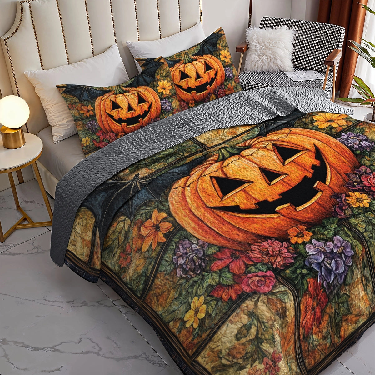 Shineful All Season Quilt 3-Piece Set - Autumn Harvest Jack-O'-Lantern