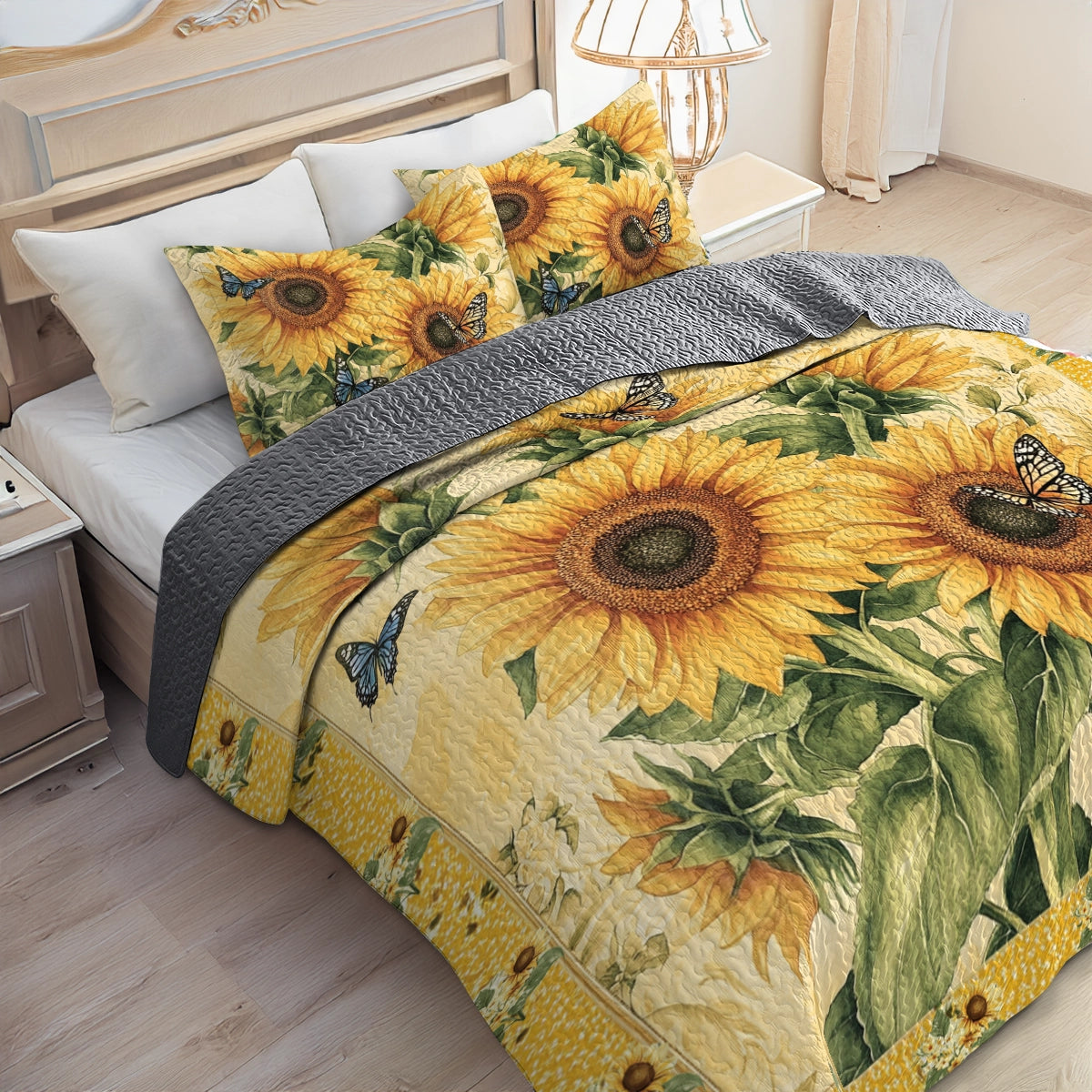 Ensemble de courtepointe toutes saisons Shineful 3 pièces - Golden Sunflower Dreams