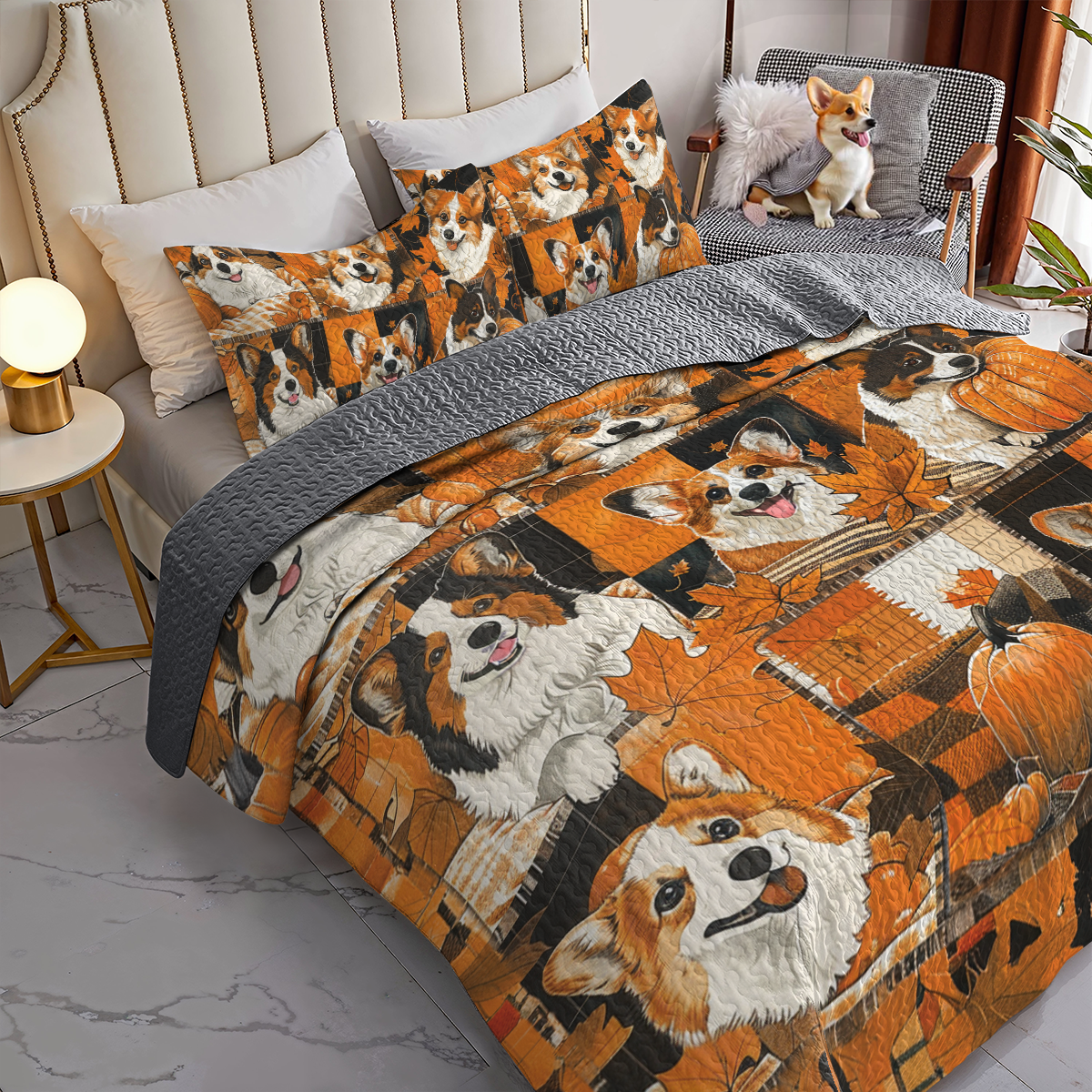 Shineful All Season Quilt 3-Piece Set Cute Corgi Autumn